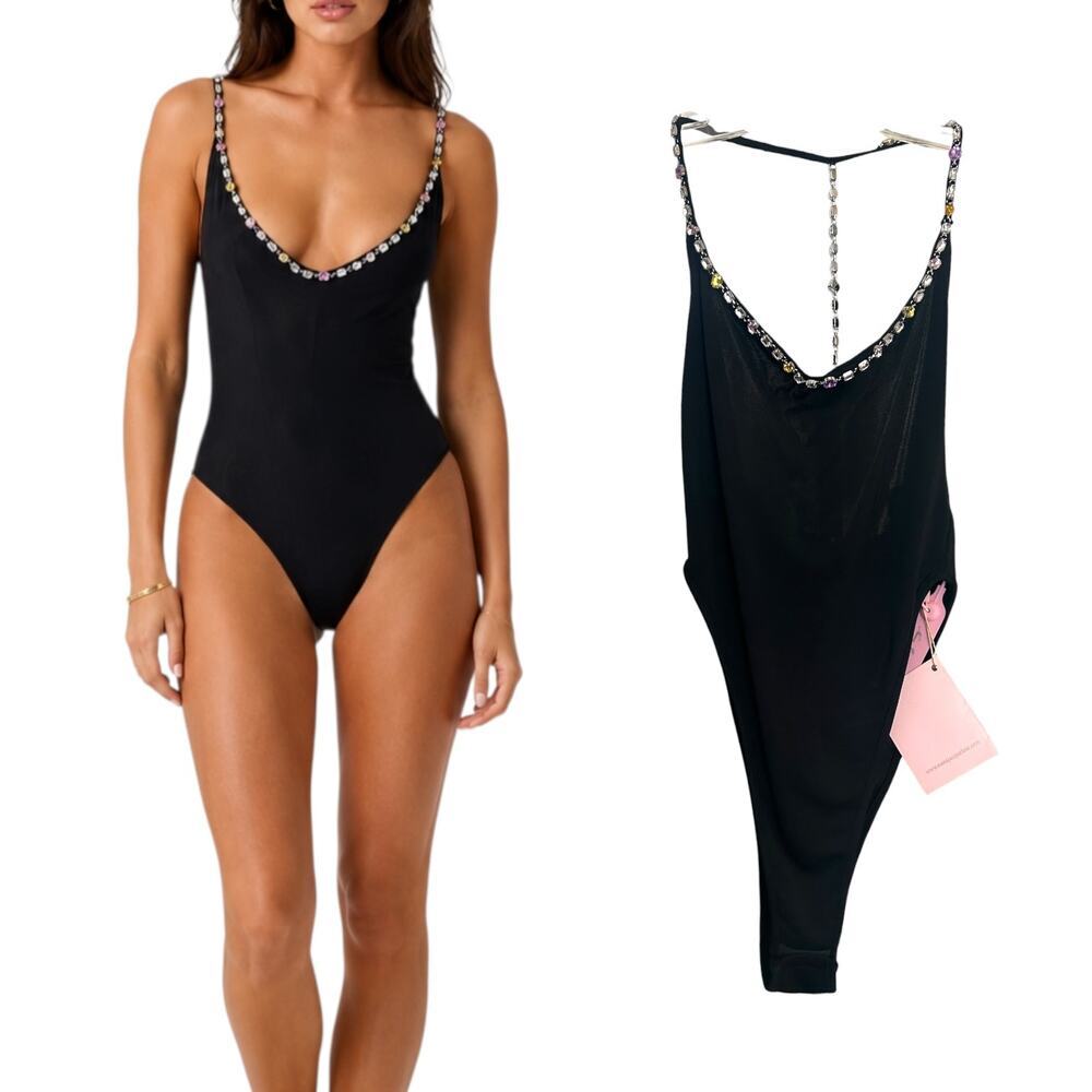 Nana Jacqueline, NWT Bodysuit High-Cut, Cheeky Rhinestone Halter, Black, Medium